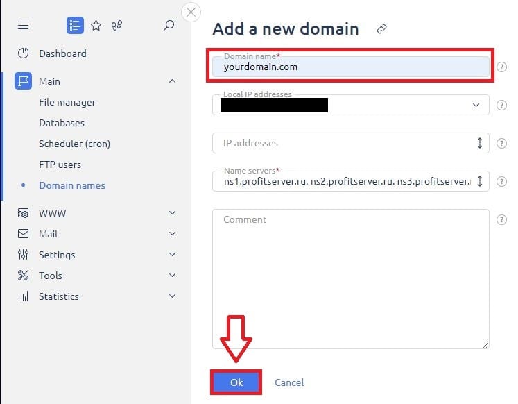 Adding a new domain name to the hosting