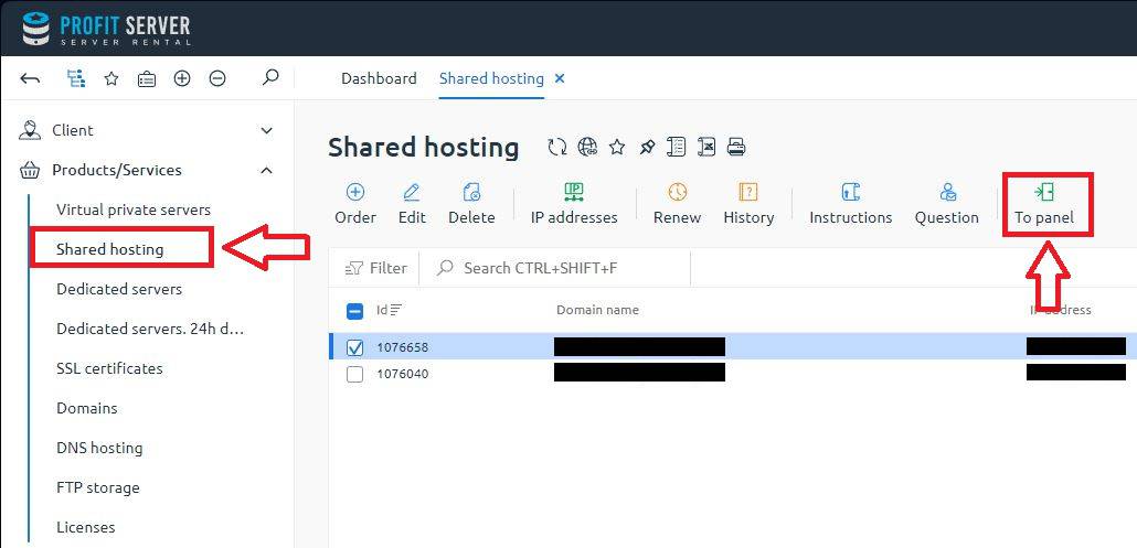 Click to "Shared Hosting" in the left sidebar