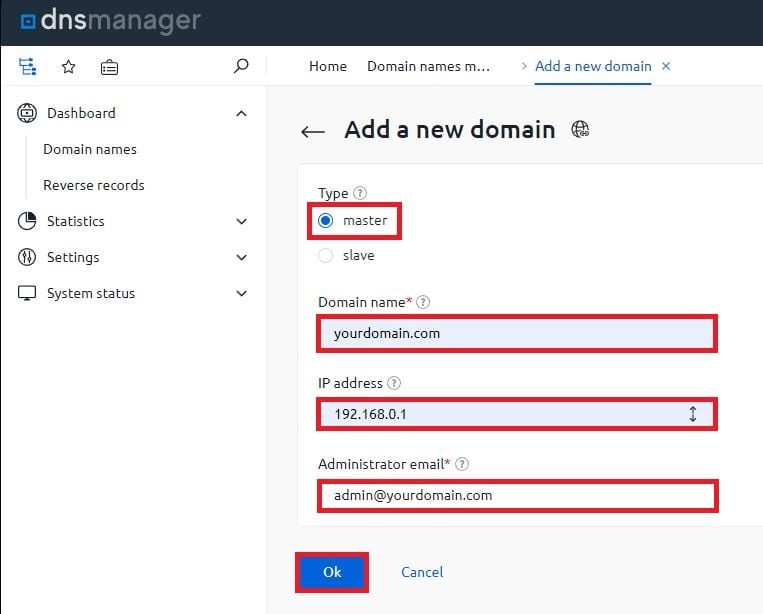Configuration of the new domain