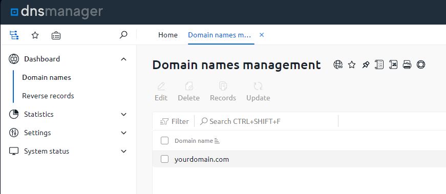 A new domain has been created and is displayed in the general list of domains