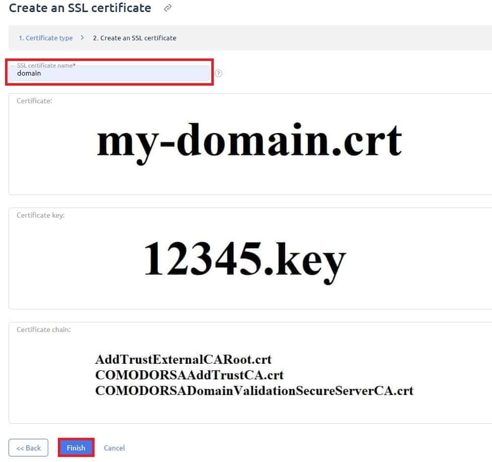 Filling in the SSL certificate data