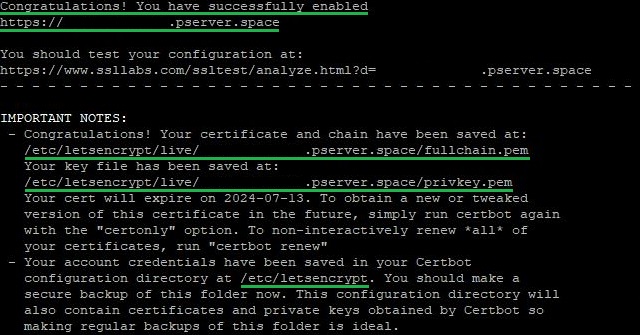 Успешный выпуск сертификата Certbot