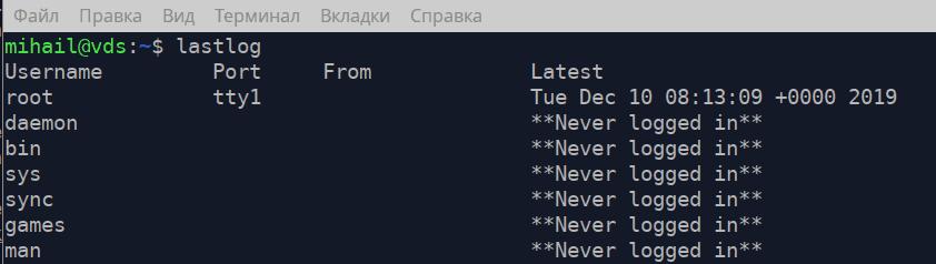 /var/log/lastlog - содержит время последнего входа для каждой учетной записи