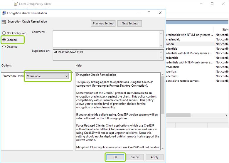 In the folder «Credentials Delegation» find parameter «Encryption Oracle Remediation