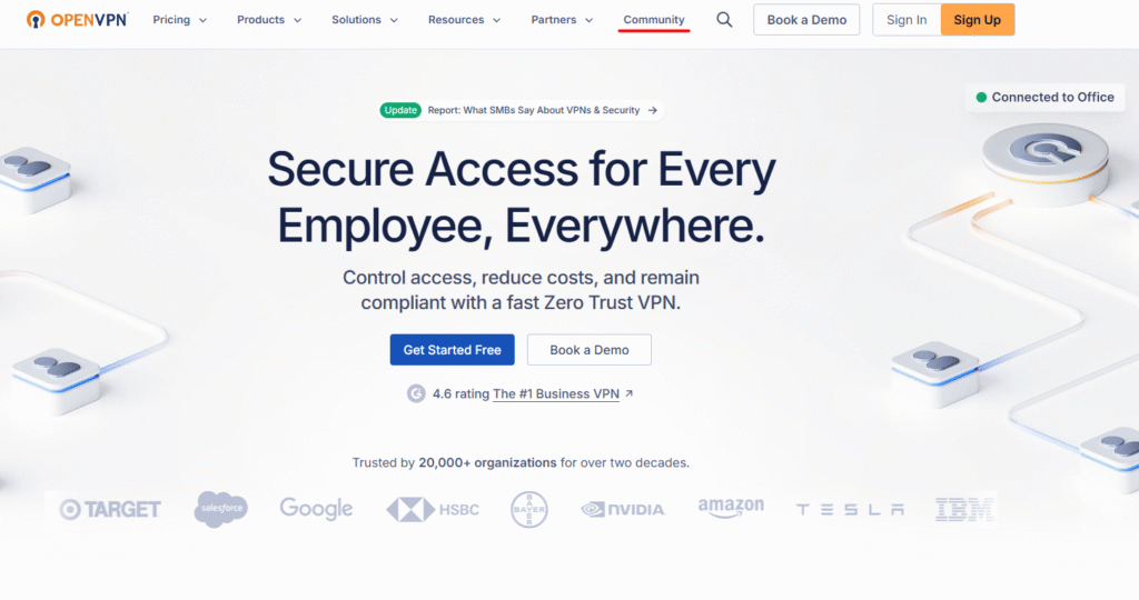 Заходим на официальный сайт проекта “https://openvpn.net”, переходим в раздел “COMUNITY”.