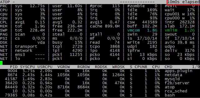 Server diagnostic logs viewing with atop