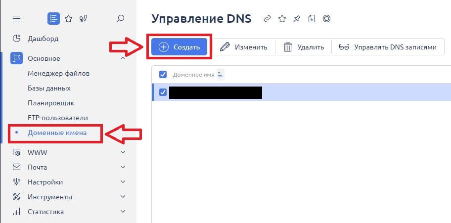 Раздел "Доменные имена" в панели управления