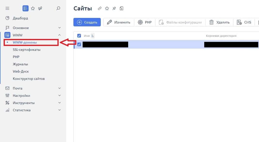 Вкладка WWW- домены в панели управления