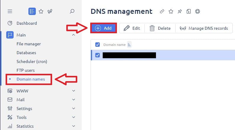 The "Domain names" section in the control panel