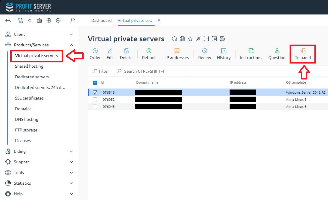 Access to the control panel via billing