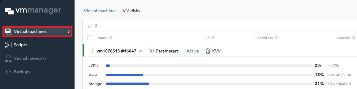 Selecting a VM in VM Manager