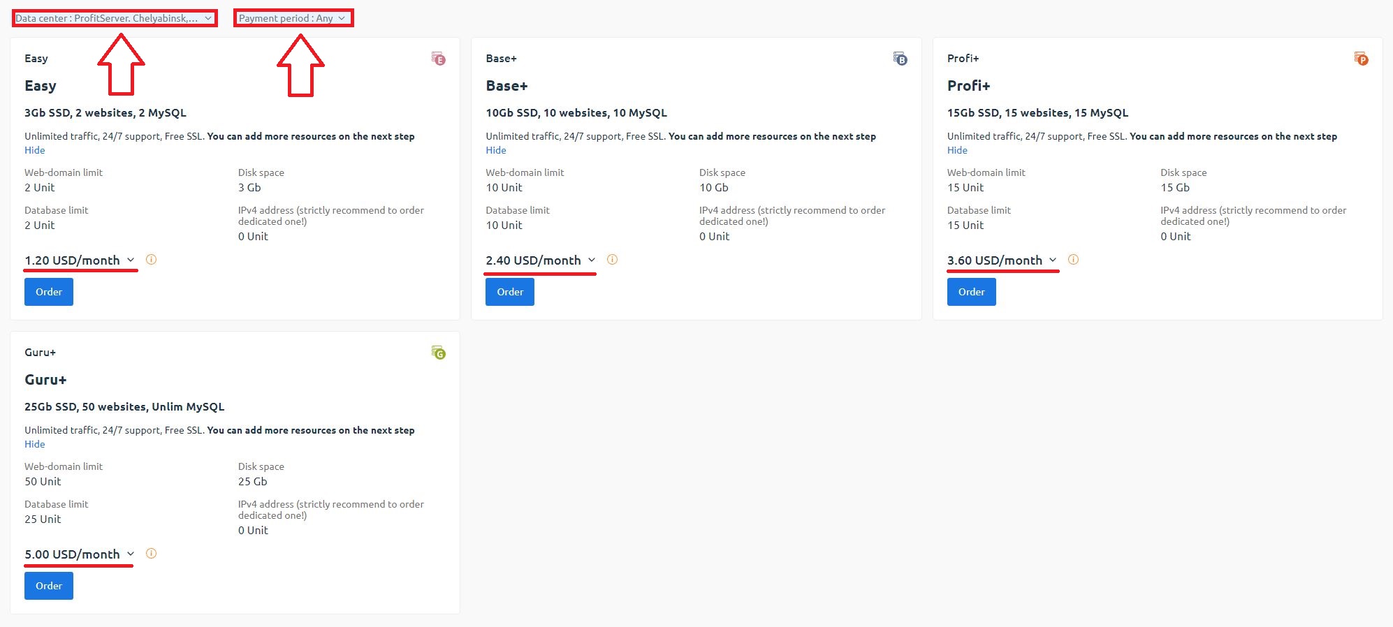 Choosing a Tariff for Hosting Order