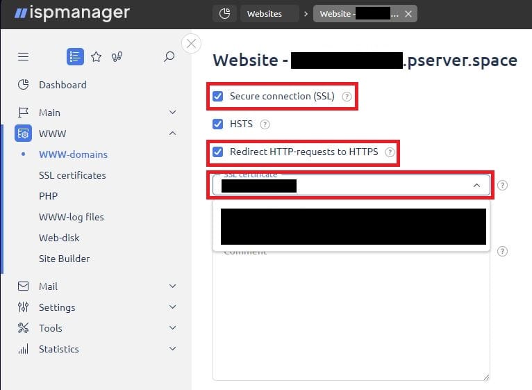 Configuring the site to connect an SSL certificate