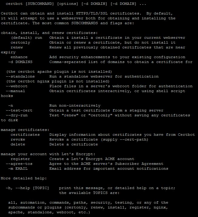 Help Section of the Certbot Tool