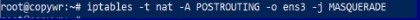 Adding the masquerading rule with the server's real interface name. 