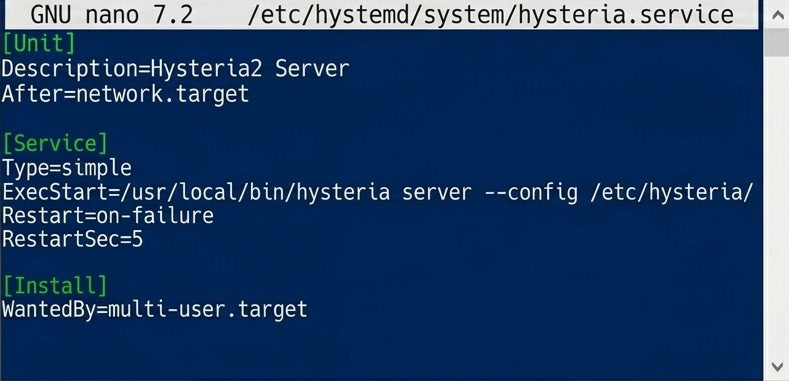 Opens (or creates) the system service file for Hysteria2 in the nano text editor.