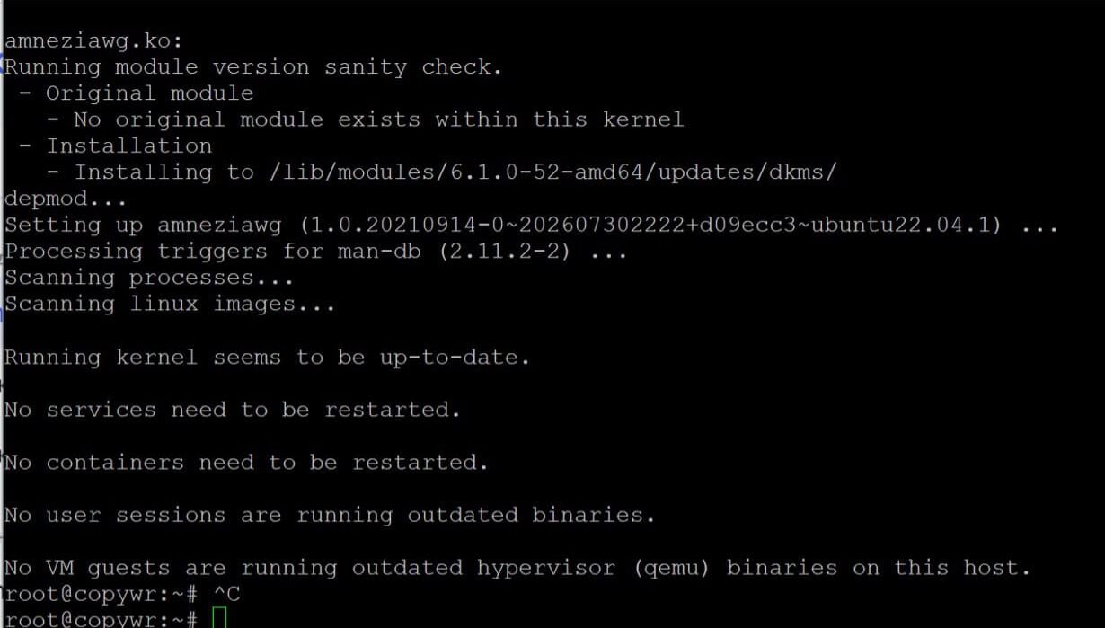 Apt install -y amneziawg output: DKMS building the amneziawg kernel module against the running kernel and completing the install.
