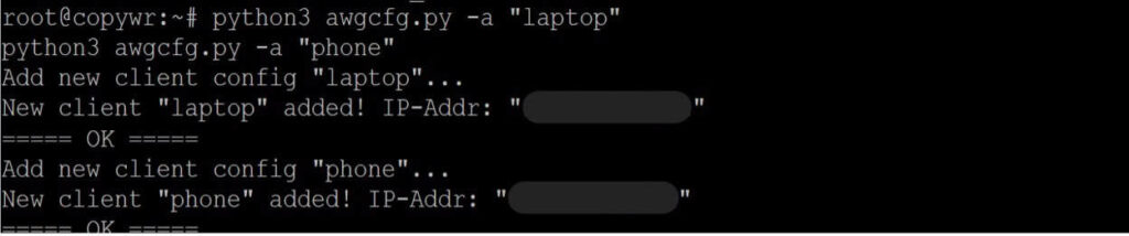 Awgcfg.py -a registering the “laptop” and “phone” clients, each assigned its own tunnel IP (10.10.8.2/32 and 10.10.8.3/32).
