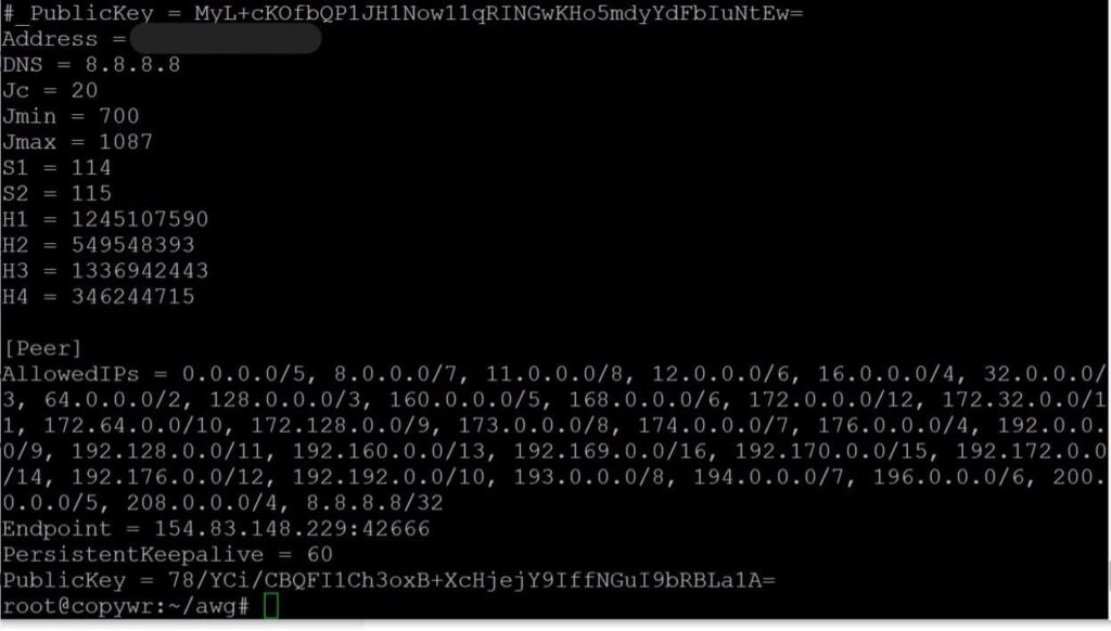 Contents of the generated laptop.conf: the client's Address, DNS, obfuscation parameters, and the [Peer] section pointing back at the server.