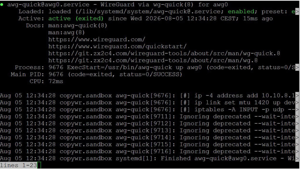 Systemctl status confirming awg-quick@awg0.service is active (exited) and enabled, with the interface's ip/iptables setup commands in the log.