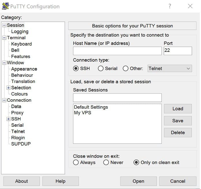 Default PuTTY Configuration window, before any connection details have been entered.