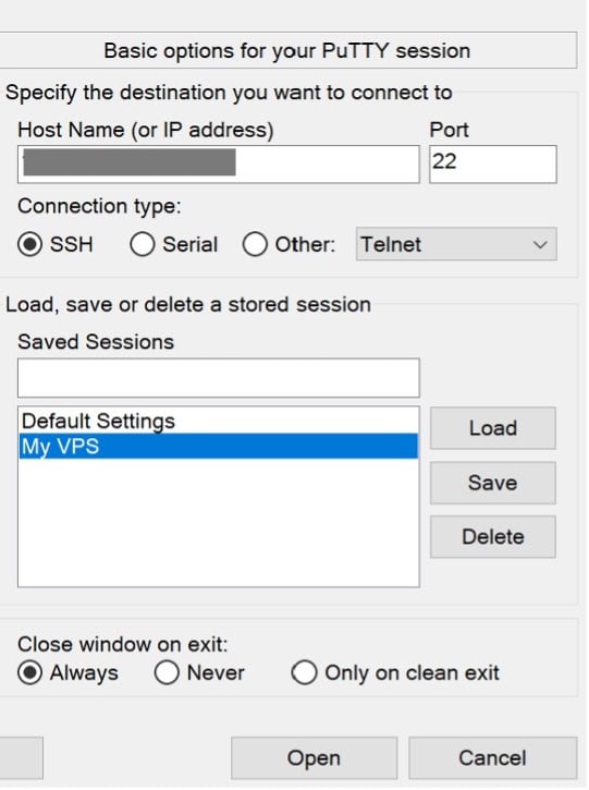 The session filled in with the VPS IP address and port 22, with the saved session “My VPS” selected and ready to click Open.
