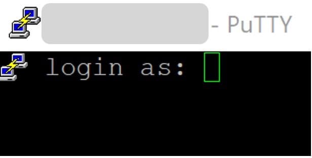 A new PuTTY terminal window opening the SSH session and prompting for the login username.