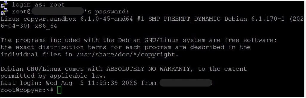 A successful login: the Debian message-of-the-day banner followed by the root shell prompt (root@copywr:~#).