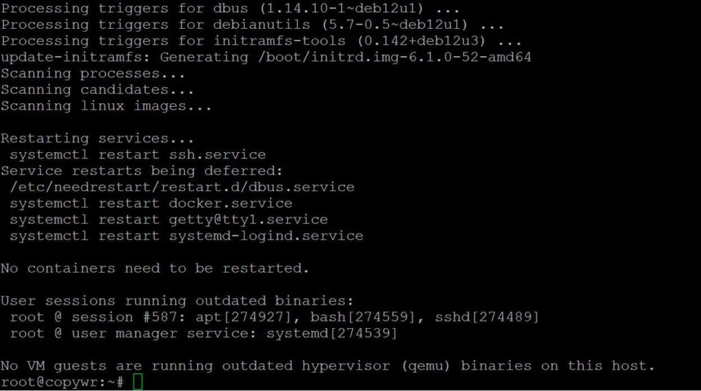 Apt upgrade finishing: initramfs is regenerated and affected services are restarted.