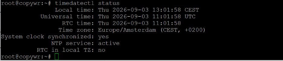 Timedatectl status output confirming the system clock is synchronized.