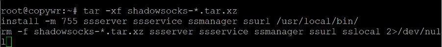 Umarnin da ake amfani da shi don cirewa da shigar da shadowsocks-tsatsa binary.