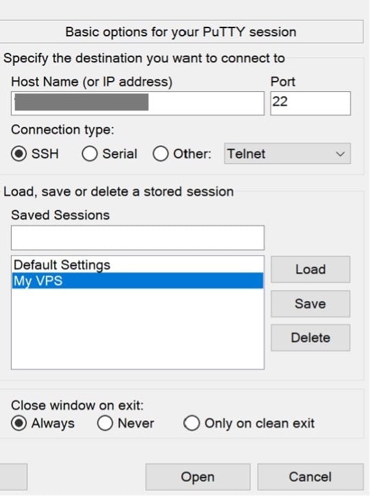 The session filled in with the VPS IP address and port 22, with the saved session “My VPS” selected and ready to click Open.