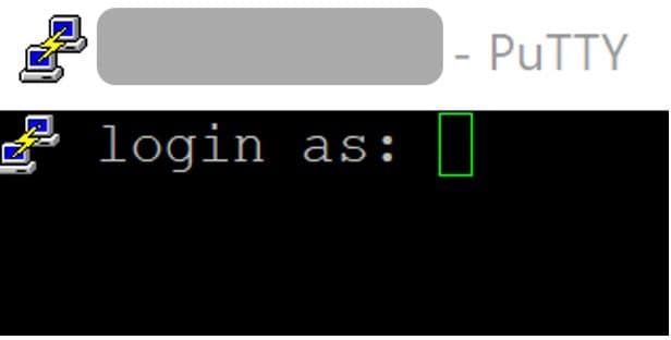 A new PuTTY terminal window opening the SSH session and prompting for the login username.