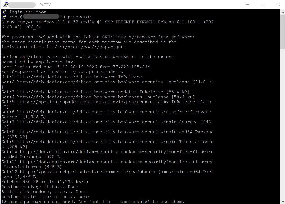 Running apt update to refresh package lists.